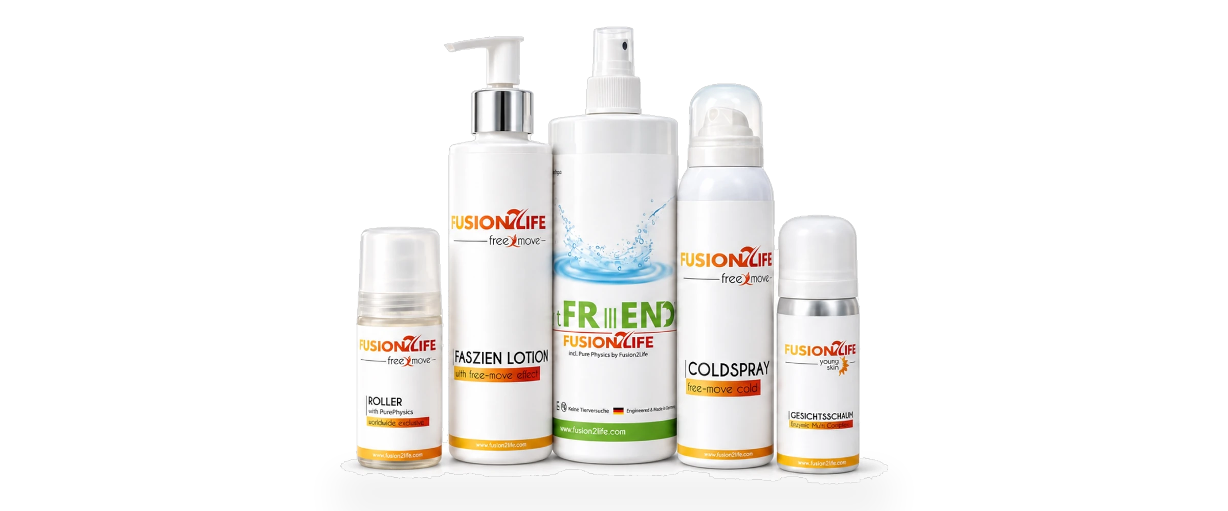 Fusion2Life Produkte: Roller, Faszien Lotion, Tierspray, Cold Spray und Gesichtsschaum