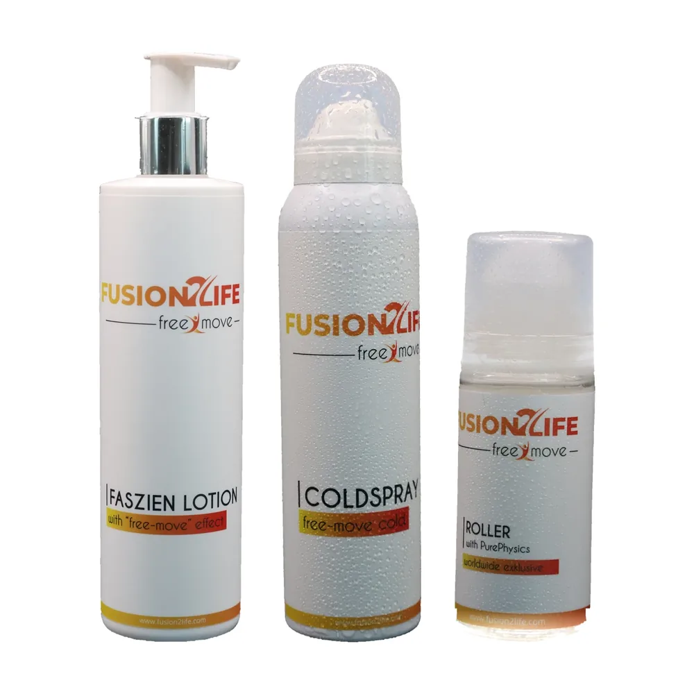 Fusion2Life Best Move Trio mit Faszien Lotion 250 ml, Cold Spray 150 ml und Roller 50 ml
